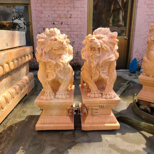 Blve ประติมากรรมรูปสัตว์รูปปั้น<span class=keywords><strong>สิงโต</strong></span>หินอ่อนพร้อมลูกบอลหินธรรมชาติสีแดงประตูหน้ากลางแจ้งขนาดเท่าชีวิตจริง - Product Image 5