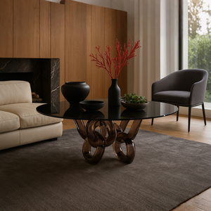 طاولة قهوة أكريليك تقليدية مخصصة من جينغ يوي بقاعدة سلسلة فريدة وسطح زجاجي أسود مقوى لديكور غرفة المعيشة والمكتب الأنيق - Product Image 2