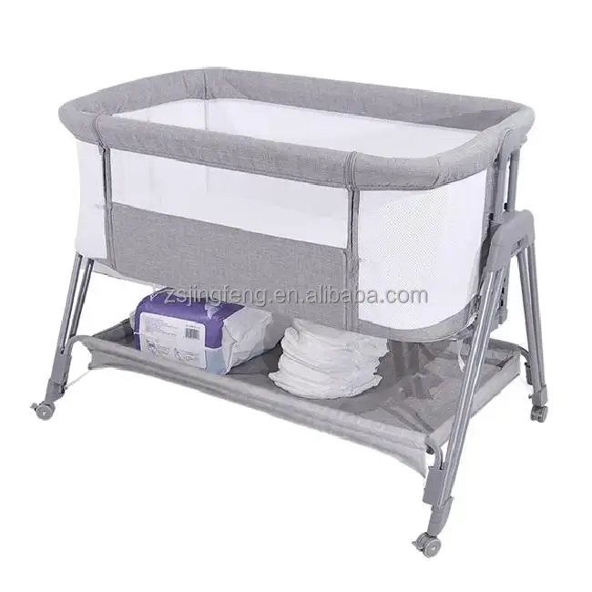 아기 요람 침대 옆 슬리퍼 보관 바구니와 바퀴가있는 아기 침대 옆 침대 어린이 침대 신생아를위한 높이 조절 가능한 아기 침대