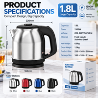 Bouilloire électrique en acier inoxydable de 1,8 L, 1500 W, chauffe rapide, chauffe-eau portable, arrêt automatique, base rotative à 360 degrés pour la maison et le bureau