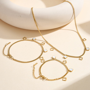 304 Stainless Steel 18K Gold Plated White Mother-of-Pearl Four-Leaf Clover Necklace <b>Bracelet</b> Anklet Women's Jewelry Set Gift - Product Image 1