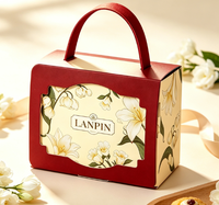 Boîte cadeau rigide portable entièrement personnalisée, écologique, à motif floral, avec fenêtre, cadre rouge, logo personnalisé et impression du plateau intérieur