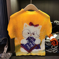 T-shirt d'été plissé en polyester imprimé motif chat mignon, coupe ample et respirante pour femme