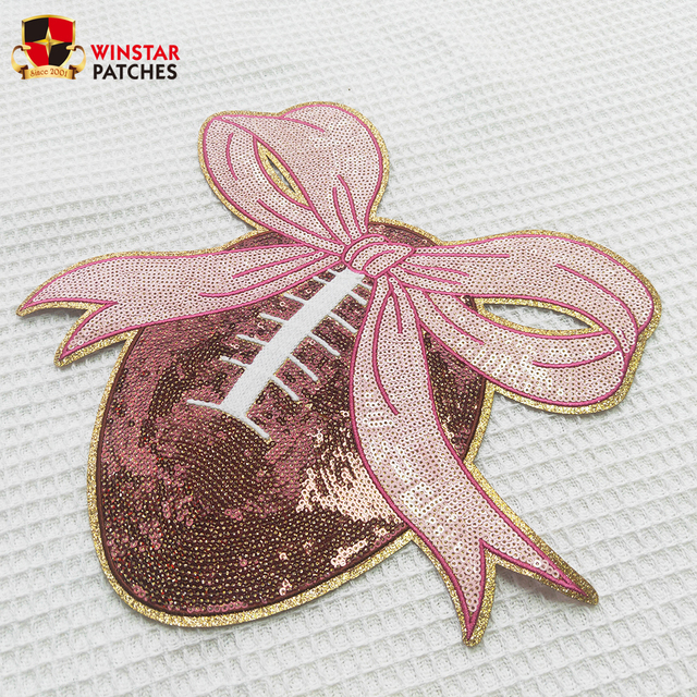 New Design Football Bow Sequin Patch Custom Glitter Sequin Chenille Game Day Embroidery Iron on Patches for Clothes