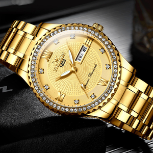 Fngeen S888 impermeable doble calendario semana fecha pantalla moda negocios luminoso completo oro diamante redondo gran esfera hombres Relojes - Product Image 2