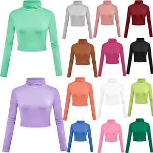 2022 Perut Terbuka Seksi Wanita Ebay Baru Kerah Tinggi Ramping Bergaya Turtle Neck Atasan Crop Lengan Panjang Polos Wanita