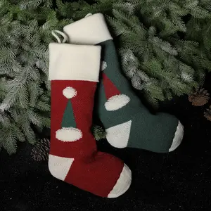 Bulk xmas Stockings 3d Christmas Hat Printed Knitted Stocking Christmas Gift Bag Red Green Christmas Knitted Stocking