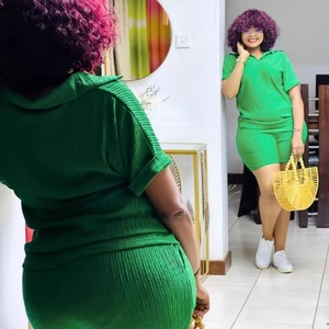 African Women's Fashion Plus Size Casual Summer 2-Piece Set Solid Color Short Sleeved Breathable Knitted Spandex Material - Product Image 3
