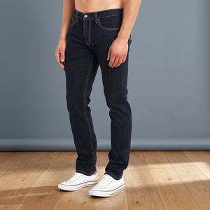 Jean en denim coupe slim à jambe droite pour homme, délavage foncé, coton mi-lourd, style décontracté automne - Product Image 3