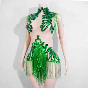 Combinaison pour femme adulte en maille à franges de strass, motif Forêt Enchantée, style Empress Emerald, pour spectacle de scène, carnaval, diva, drag queen - Product Image 3