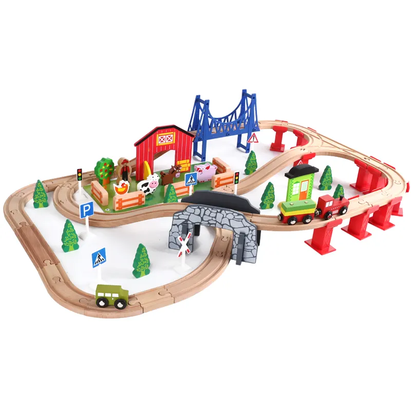Set de tren de madera con ranuras magnéticas para niños y bebés, Set de juguetes de vías de vía férrea para granja, 82 unidades