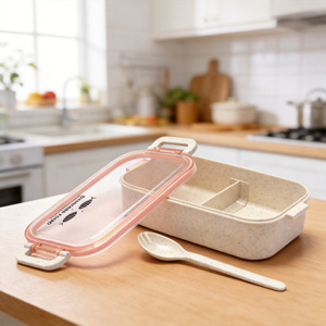 Rectangular Divided Plastic <b>Lunch</b> <b>Box</b> With Lid And Spoon For Students And Office Use - Product Image 3