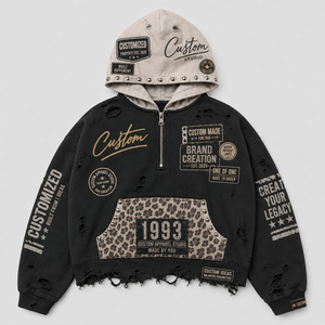 Vente en gros de sweat à capuche zippé 450 g/m², effet délavé, avec poche cargo, strass, patchwork graphique vieilli, style streetwear, logo personnalisé, pour homme - Product Image 1