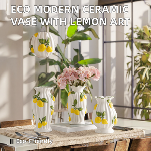 <span class=keywords><strong>Modison</strong></span> Umweltfreundliche Moderne Kunst Glasierte Keramik Tischvase mit Zitronenmuster Getrocknete Kunstblumen Wohndekoration - Product Image 2