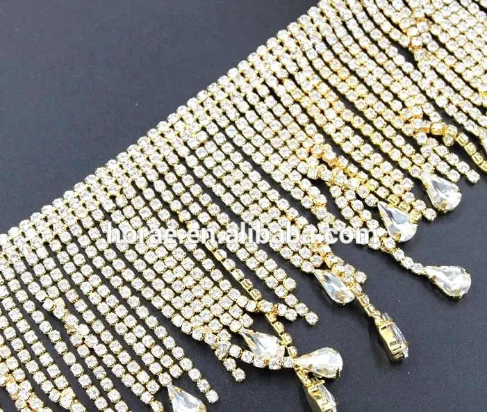 high quality crystal rhinestone fringe trim rhinestone brass cup chain for wedding dress