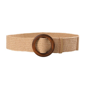पुआल बुना लोचदार खिंचाव कमर बेल्ट महिलाओं पतला पोशाक बेल्ट चिंच फैशन दौर लकड़ी बकसुआ लट का पट्टा बेल्ट - Product Image 1