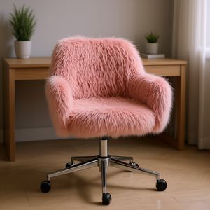 Chaise de bureau en fausse fourrure rose pivotante avec roulettes, style contemporain, dossier solide, réglage manuel, structure métallique - Product Image 2