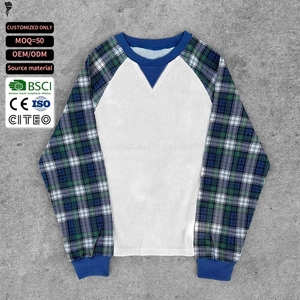 Mens Custom Waffle Knit Long Sleeve T <b>Shirt</b> <b>Patchwork</b> Plaid Flannel Streetwear Two Color Cotton Tee - Product Image 1