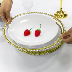 حفل زفاف 13 بوصة لوحة أكريليك مستديرة مزخرفة واضحة مع حافة الخرز الذهبي للحدث ، - Product Image 6