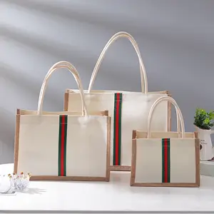 Impressão personalizada logotipo serapilheira Linho bolsa juta portátil shopping gift bag mulheres impermeável retro linho tote bag
