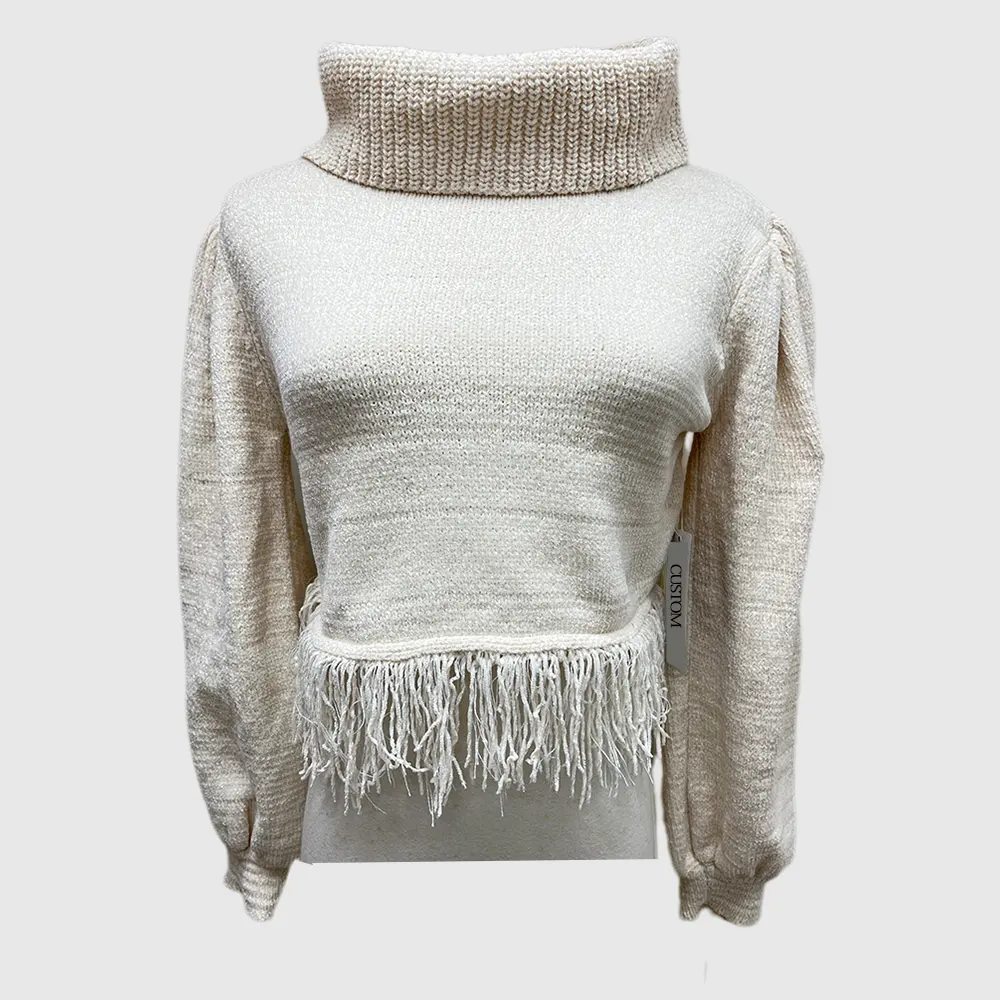 D1209TD17 Women Casual Plain Turtleneck Long Sleeve Tassel Fringe Hem Knitted Sweater Sehe Fashion