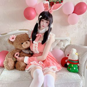 Pink Velvet Dress With White Trim And <b>Bow</b> For Cosplay Costume Role Playing Outfit - Product Image 3