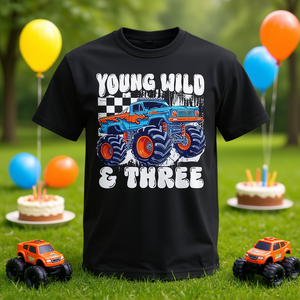 T-shirt Young Wild And Three Monster Truck pour le 3e anniversaire des enfants de 3 ans - Product Image 3
