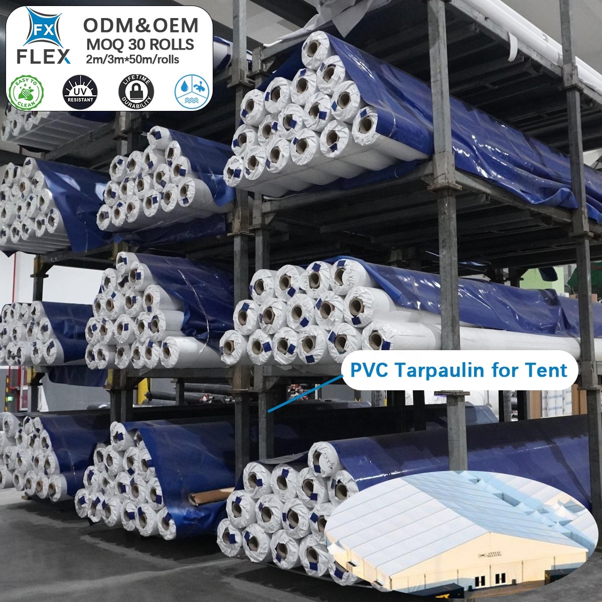FLFX Heavy Duty PVC Waterproof Warehouse Tent Material Ripstop Tarpaulin Fabric 15-Year UV Protection for Machinery Storage