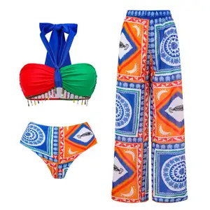 Women Brazilian Swimsuit Cover Up Chiffon Pants Halter Tie Split Bikini Three Piece Set Sexy Bathing Suit Swimwear Beachwear