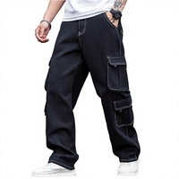 Jean Cargo Homme Décontracté de Haute Qualité, Coupe Droite, Taille Mi-Haute, Fermeture Éclair, Noir, Tissu Léger en Laine Peignée, Service OEM