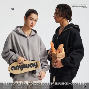 ODM OEM Custom 385gsm <b>Thick</b> <b>Fleece</b> Zip Up Hooded Sweatshirt Embroidered Edge Wholesale - Product Image 5