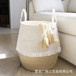 Woven Storage <b>Basket</b> Rectangle <b>Foldable</b> With Handle Khaki Color Clothing Organizer - Product Image 2