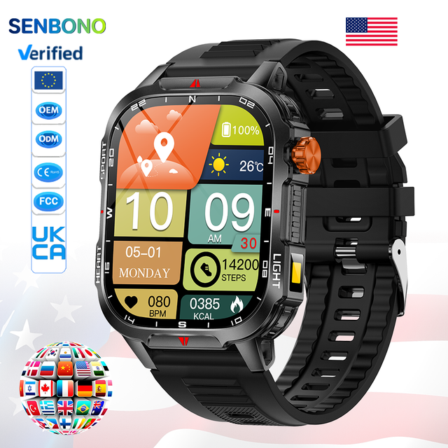 SENBONO MAX68 Men's  Smartwatch with 1100mAh Long Standby Battery Compass Health Monitoring BT Calling Outdoor Smart Watch