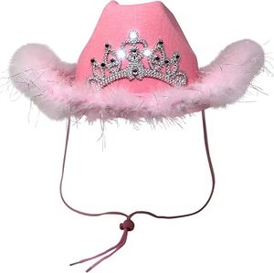 Cossmic Chamelleon Chapeau de cowgirl rose pour adolescents et adultes – Couronne de diadème lumineuse avec bordure en boa + rose clair - Product Image 3