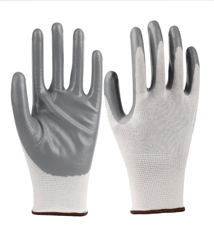 White Gloves 13g Polyester Grey White Nitrile Palm Coated Work Gloves