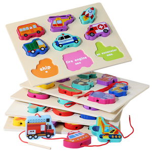 Jeu éducatif de bureau en bois : Puzzle à emboîter multiformes et blocs à enfiler, jouet d'association bilingue chinois-anglais - Product Image 1
