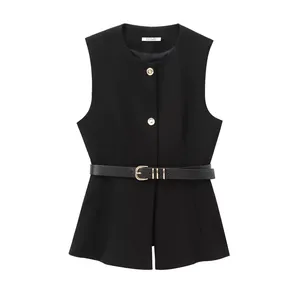 <span class=keywords><strong>Gilet</strong></span> <span class=keywords><strong>sans</strong></span> manches chic et respirant pour <span class=keywords><strong>femme</strong></span>, style vintage, avec rubans de ceinture, en tissu peigné 100 % polyester, col rond, idéal pour les costumes de printemps - Product Image 4