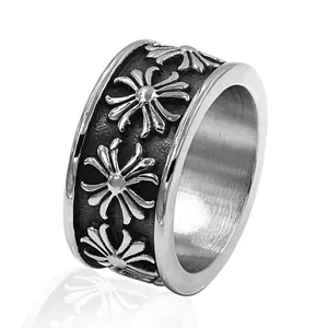 Vintage סגנון שחור להקת טבעת ייחודי עיצוב צלב פרח טבעות
