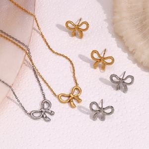 Minimalist Jewelry Women Stainless Steel Gold Plated Bowknot Necklace Waterproof Bow <strong>Earrings</strong> Set Shopify Agent <strong>UK</strong> Dropshipping - Product Image 1