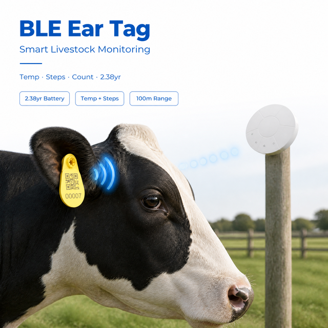 BLE Smart Livestock Tracker Ear Tag 100m IP68 Temp Step Count for Sheep Cattle Cow Virtual Geo-Fence Real-Time Health Monitoring