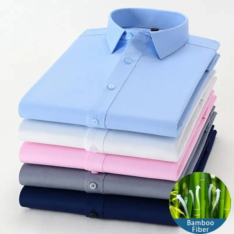 OEM Custom Mens Camisas Formais Negócios Casual Long Sleeve Plain Bamboo Fiber Dress Shirt Para Homens