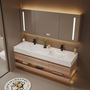 Ensemble de Meuble-Vasque de Salle de Bain Suspendu Moderne avec Rangement, Double Vasque en Chêne Massif Blanc - Product Image 1