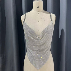 Top de malla de cristal brillante para mujer, malla de cadena tejida de Metal con diamantes de imitación, <span class=keywords><strong>camiseta</strong></span> sin mangas con cuello de lazo, estilo de fiesta dulce para clubes - Product Image 1