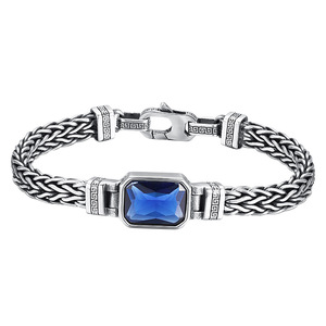 Bracciale in argento Sterling 925 per uomo intrecciato a mano intarsiato bracciale in zircone blu gioielli Punk retrò tipo maschile - Product Image 1