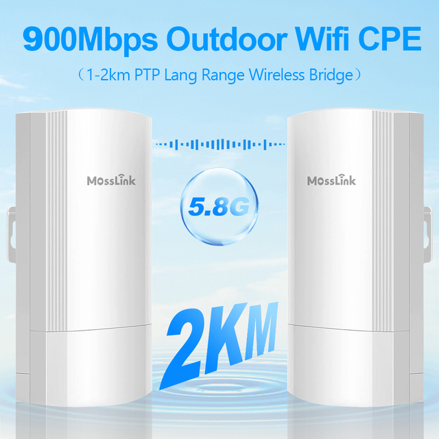 Mosslink Long Range 2-3KM Wireless Bridge 5.8Ghz 900Mbps Point to Point Starlink WiFi Extender Signal Booster with 12dBi Antenna