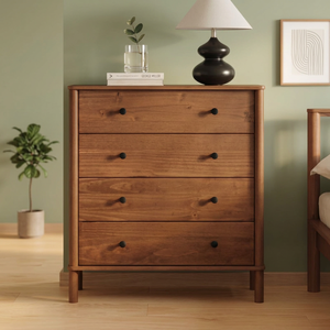 Modern Teak Wood Chest of <b>Drawers</b> with 4 Tiers and Black <b>Metal</b> Knobs - Product Image 2