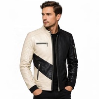 Blouson Moto en Cuir Véritable Noir Crème Bicolore en Peau d'Agneau pour Homme, avec Épaules Matelassées et Fermeture Éclair Frontale, Style Café Racer, Vente en Gros OEM Usine