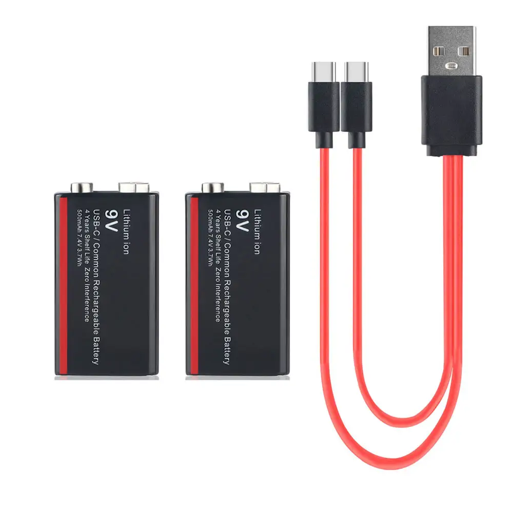 Batteria USB agli ioni di litio 9V a bassa autoscarica durata di conservazione di 4 anni con 4 led 7.4V 500mAh con cavo di ricarica-2 conteggi (confezione da 1)