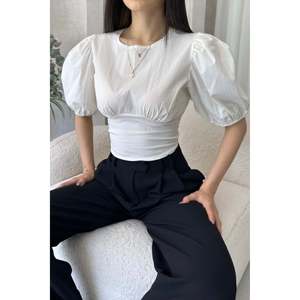 DEFILE Women's <b>White</b> Poplin Blouse with Elegant Watermelon Sleeves and Chic <b>Backless</b> Design, Casual Summer <b>Top</b> - Product Image 1
