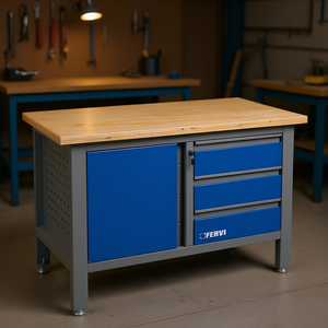 Kit d'assemblage d'établi Fervi avec plateau en bois et tiroirs de rangement bleus pour usage en atelier - Product Image 2